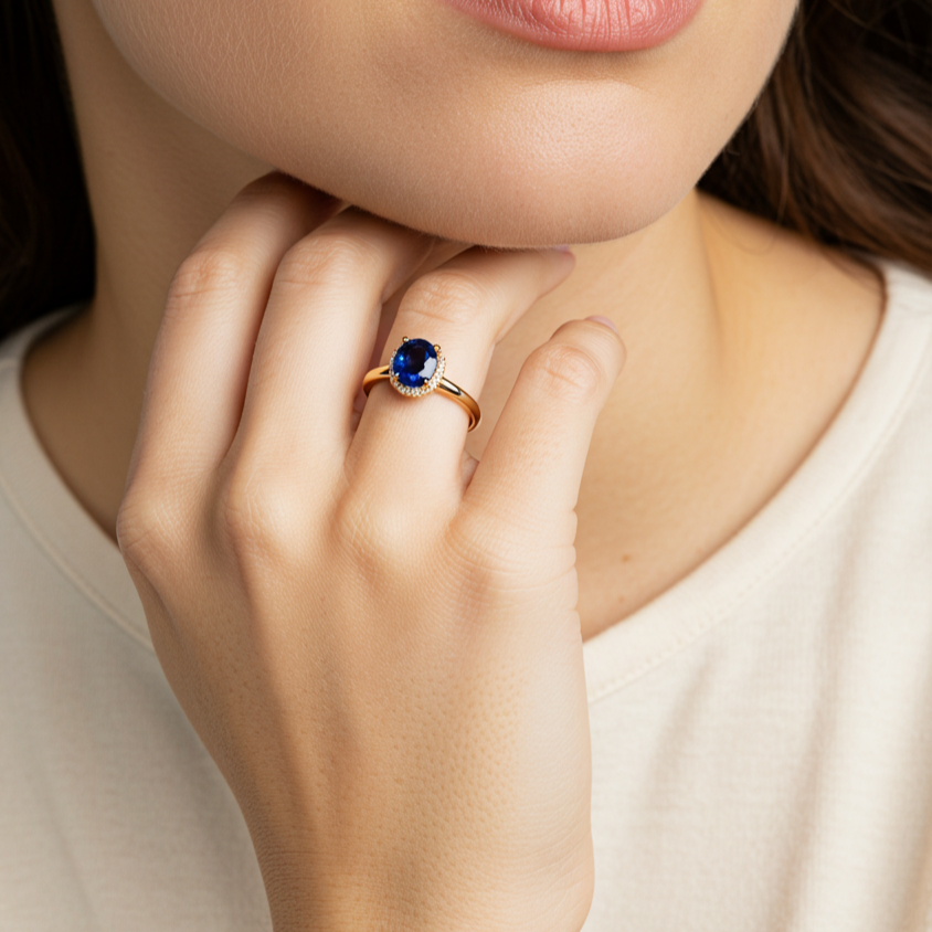 ladies hand with blue sapphire ring