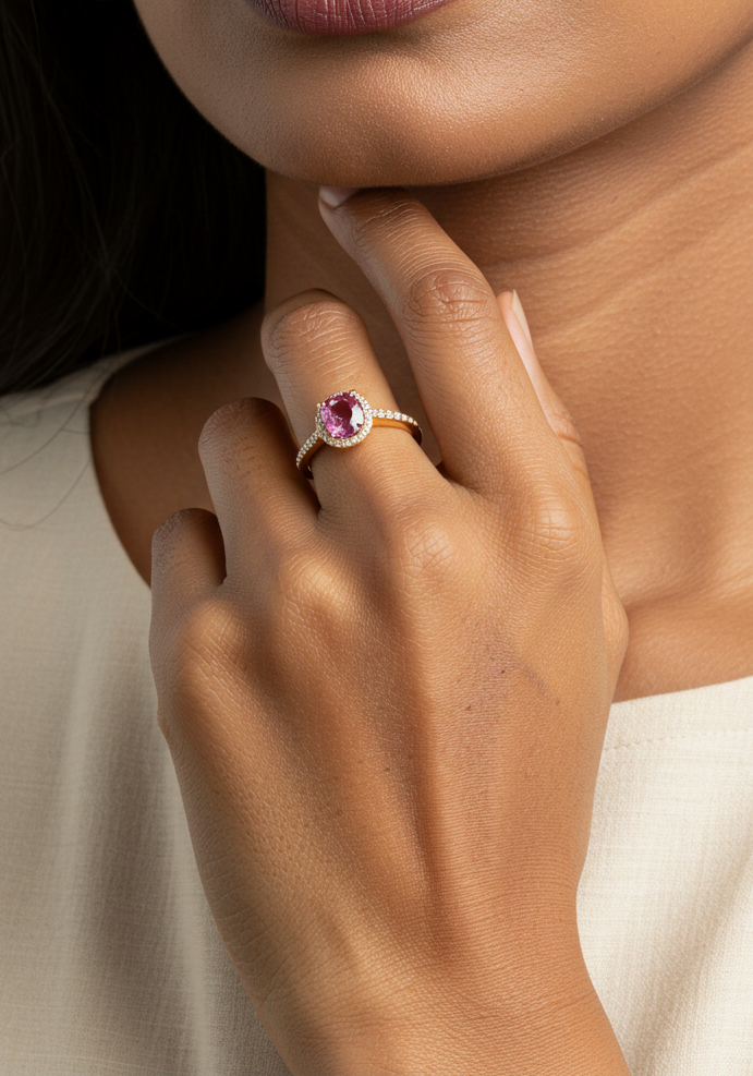 Ladies hand with pink sapphire ring